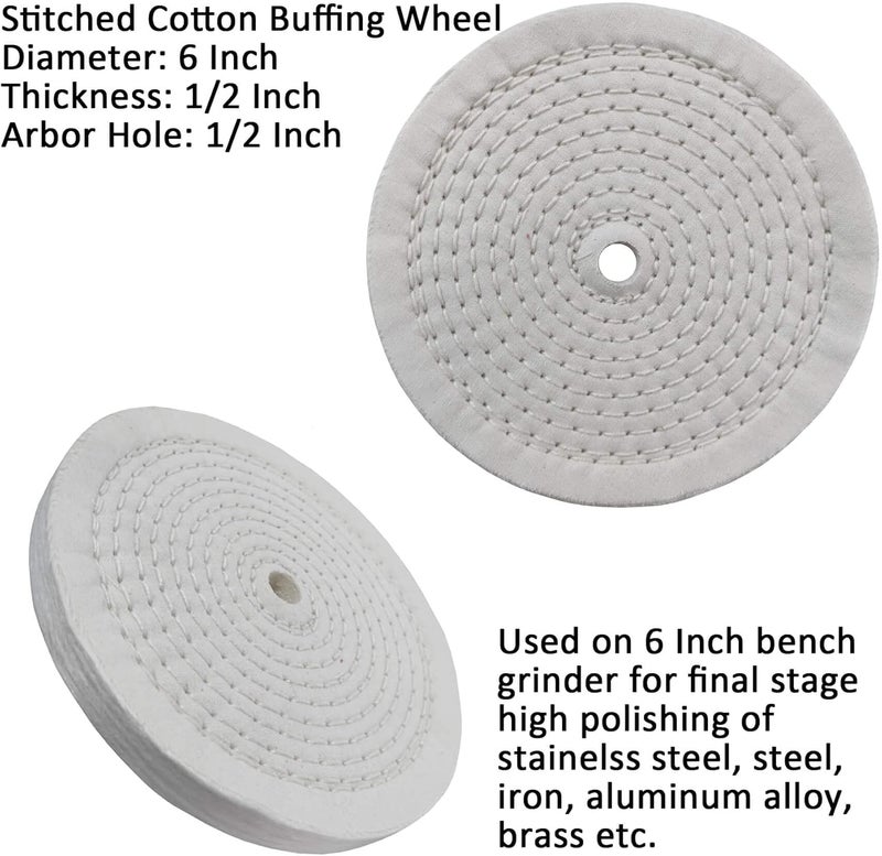 PR PURUI PURUI 2PC 6 Inch Polishing Buffing Wheels for Bench Grinder Spiral Sewn with 1/2" Arbor Hole and 1/2" Thickness White Cotton for Final Finishing on All Metals - Image 2